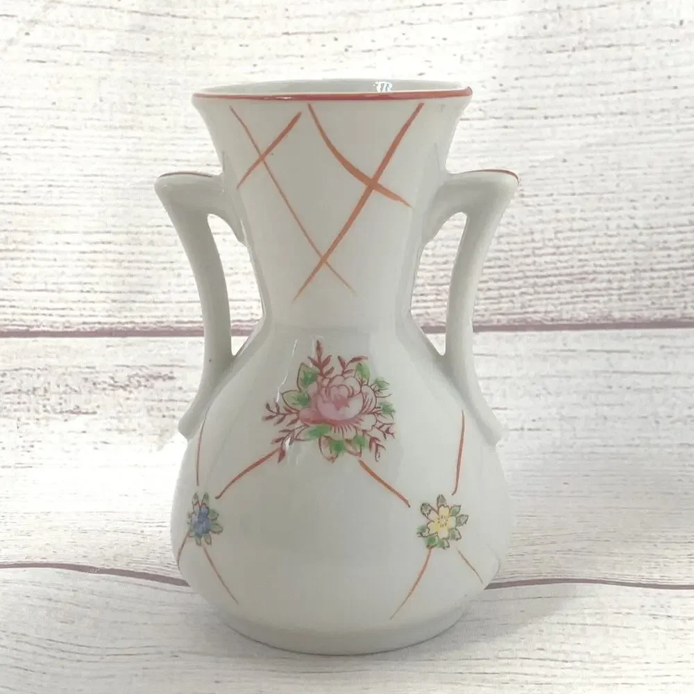 Vintage Japanese Double Handle Ceramic Vase Floral Motif Art Deco 4 5/8